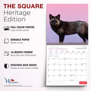 May include: A 16-month wall calendar titled The Square Heritage Edition featuring a silver fox against a pink sky for September 2027. The layout includes full-color photos, durable paper, and spacious date boxes with holidays and moon phases.