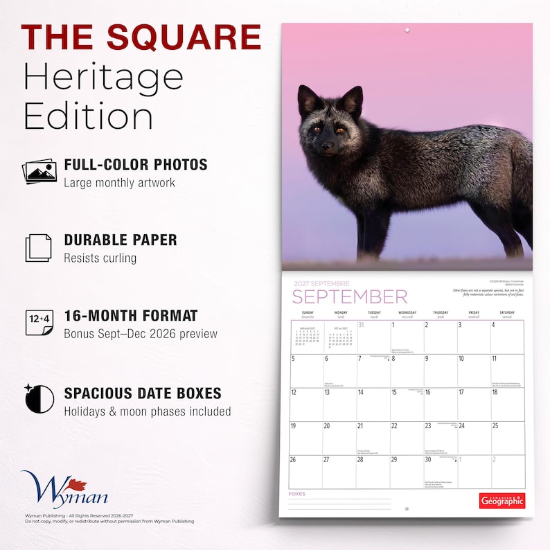 May include: A 16-month wall calendar titled The Square Heritage Edition featuring a silver fox against a pink sky for September 2027. The layout includes full-color photos, durable paper, and spacious date boxes with holidays and moon phases.