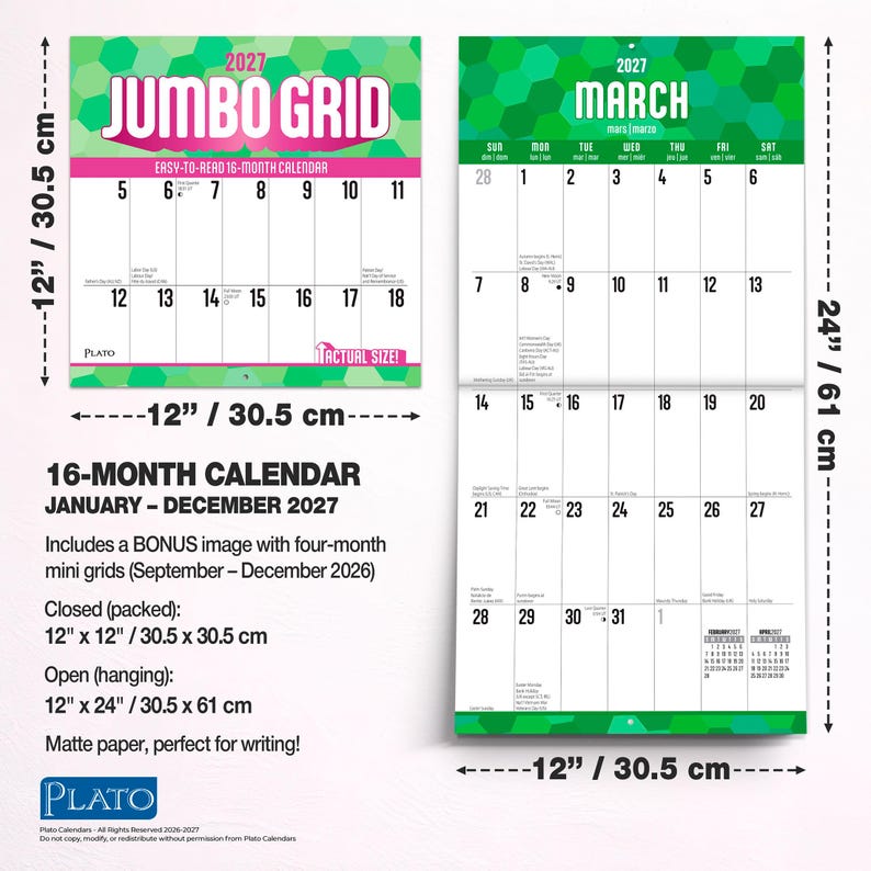 May include: A 2027 16-month wall calendar with a green hexagonal pattern. The closed calendar measures 12 inches by 12 inches, and the open hanging calendar measures 12 inches by 24 inches. It features a jumbo grid layout for writing.