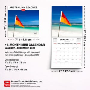 May include: A 16-month mini calendar for 2027 titled Australian Beaches, featuring a red and yellow flag on a beach. Closed dimensions are 7 inches by 7 inches, and open dimensions are 7 inches by 14 inches, including a bonus four-month grid.