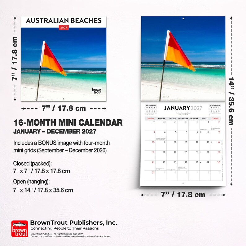 May include: A 16-month mini calendar for 2027 titled Australian Beaches, featuring a red and yellow flag on a beach. Closed dimensions are 7 inches by 7 inches, and open dimensions are 7 inches by 14 inches, including a bonus four-month grid.