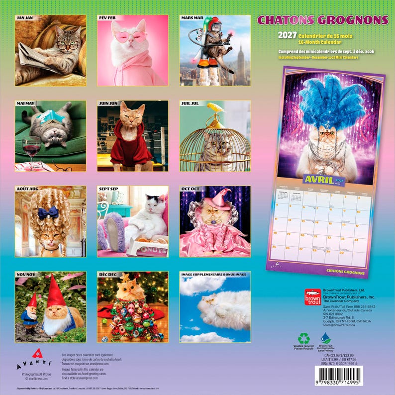 May include: A 2027 16-month wall calendar titled Chatons Grognons featuring twelve monthly images of cats in various costumes and settings, including a cat in a blue feather headdress, a cat in a pink witch outfit, and a cat dressed as a garden gnome.