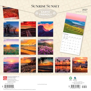 May include: A 2027 16-month wall calendar titled Sunrise Sunset featuring twelve distinct landscape photographs of sunrises and sunsets from around the world, including images of mountains, fields, beaches, and forests, with a grid for April displayed.