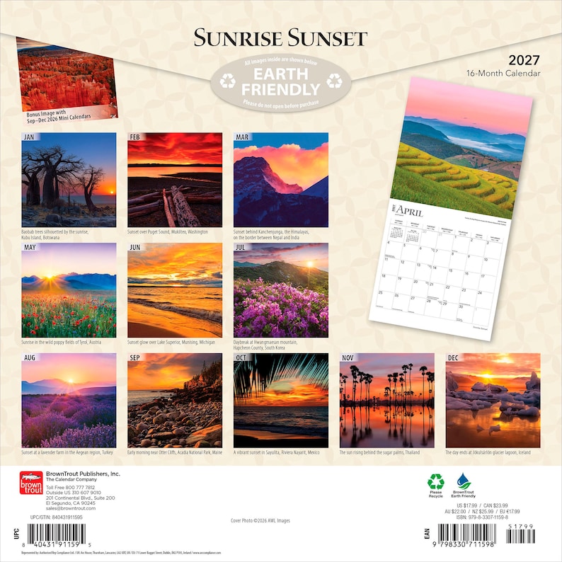May include: A 2027 16-month wall calendar titled Sunrise Sunset featuring twelve distinct landscape photographs of sunrises and sunsets from around the world, including images of mountains, fields, beaches, and forests, with a grid for April displayed.