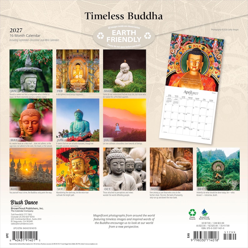 May include: A 2027 16-month wall calendar titled Timeless Buddha, featuring twelve monthly color photographs of various Buddha statues and landscapes, with a grid for April 2027 displayed on the right side and text captions below each image.