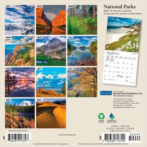 以下が含まれることがあります： 2027年版の国立公園16ヶ月カレンダー。山、森、砂漠など、様々な公園の風景写真が12枚掲載されています。裏表紙には2027年4月のカレンダー、バーコード、出版社情報が記載されています。