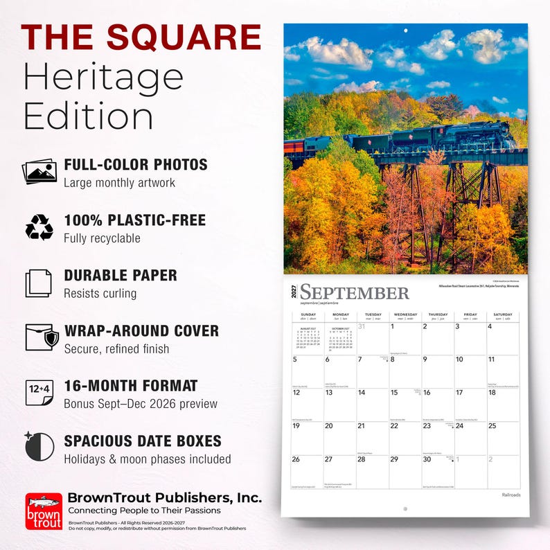 K&ouml;nnte beinhalten: Ein Wandkalender f&uuml;r 2027 mit dem Titel The Square Heritage Edition, der ein farbiges Foto eines Zuges zeigt, der eine Br&uuml;cke &uuml;ber herbstliche B&auml;ume &uuml;berquert. Der Kalender enth&auml;lt ein 16-Monats-Format und ger&auml;umige Datumsfelder f&uuml;r September.