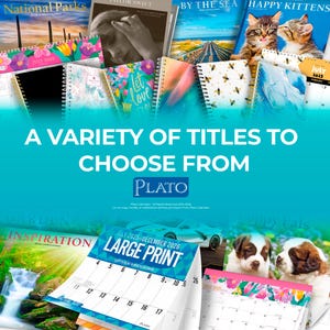 May include: A collection of various calendars with different themes, including National Parks, Taylor Swift, and kittens. The image features the text "A Variety of Titles to Choose From" and "Large Print" calendars.