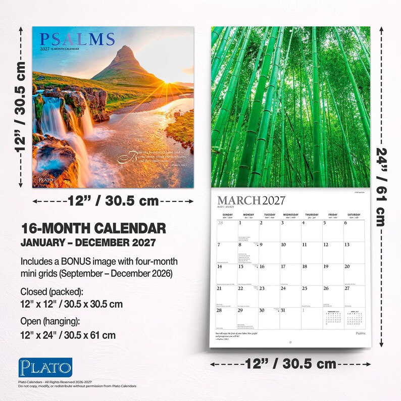 May include: A 16-month wall calendar for 2027 featuring a landscape cover with a mountain, waterfall, and sunset, plus a bamboo forest image and a March 2027 grid. Closed dimensions are 12 inches by 12 inches, and open dimensions are 12 inches by 24 inches.
