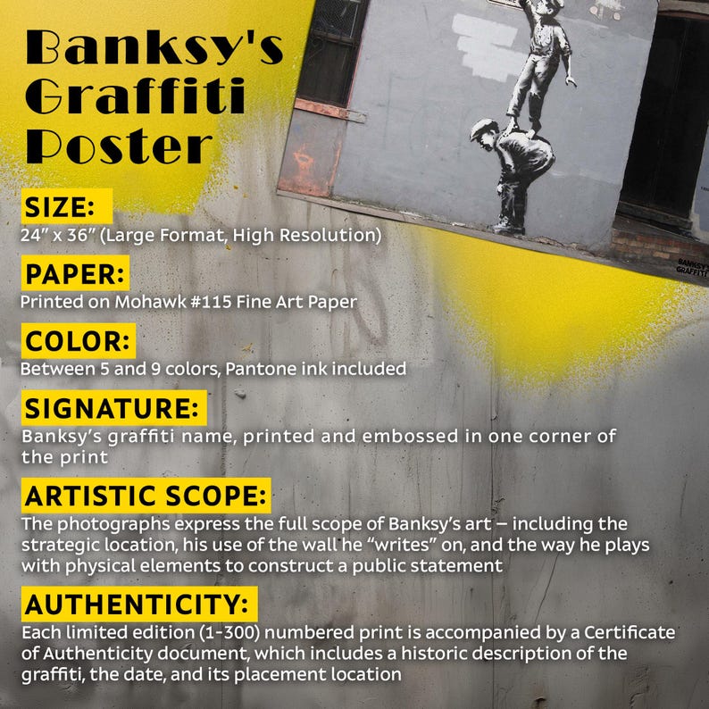May include: A Banksy's Graffiti Poster with the text "Banksy's Graffiti Poster". The poster is 24" x 36" and printed on Mohawk #115 Fine Art Paper. It includes between 5 and 9 colors with Pantone ink and Banksy's signature.