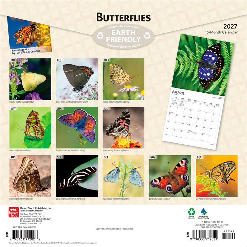 Puede incluir: Un calendario de pared de 16 meses para 2027 titulado Butterflies, que presenta una colecci&oacute;n de doce fotograf&iacute;as de distintas especies de mariposas para cada mes. La portada muestra una cuadr&iacute;cula de im&aacute;genes de mariposas, incluida una gran p&aacute;gina de abril.