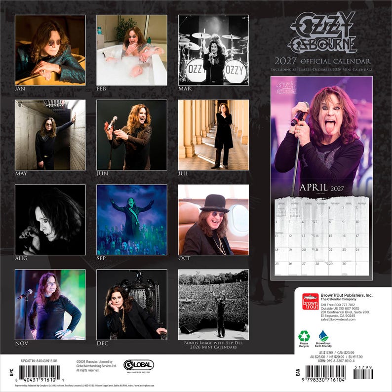 K&ouml;nnte beinhalten: Der offizielle Ozzy Osbourne Kalender 2027 zeigt eine Sammlung von Fotografien des Musikers. Die R&uuml;ckseite pr&auml;sentiert zw&ouml;lf monatliche Bilder, darunter ein gro&szlig;es Kalenderraster f&uuml;r April 2027, mit dem K&uuml;nstler bei Auftritten und in Szenen.