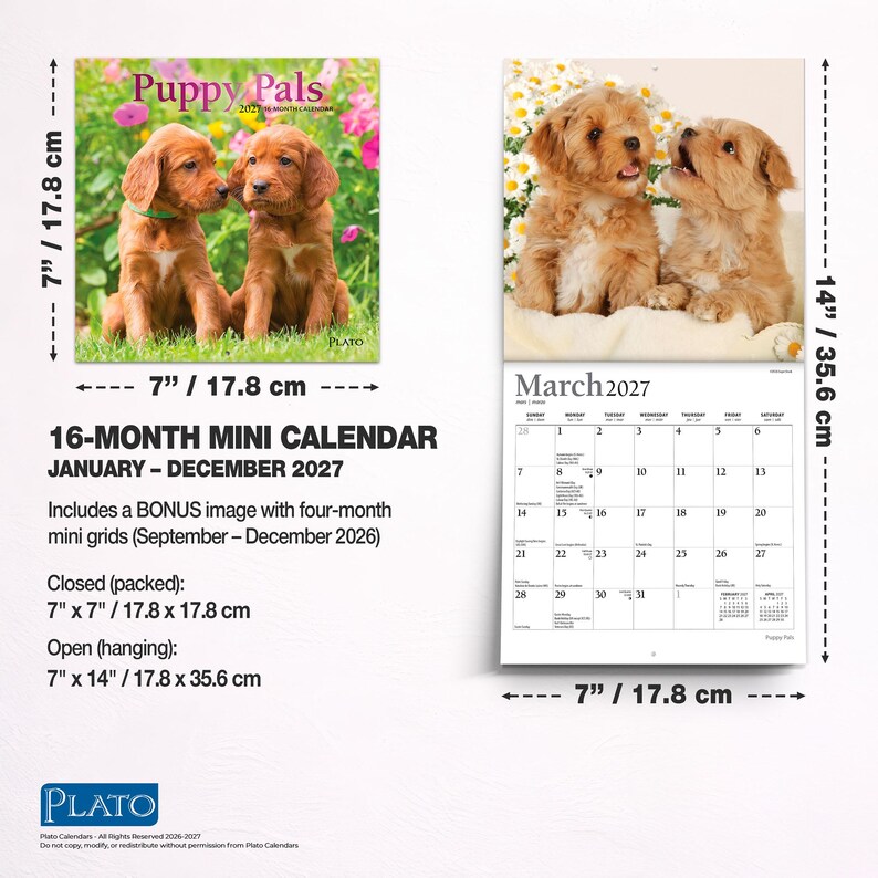 Puede incluir: Un minicalendario de 16 meses titulado Puppy Pals 2027, con dos cachorros marrones en la portada y una cuadr&iacute;cula de marzo de 2027. Mide 17,8 cm por 17,8 cm cerrado y 17,8 cm por 35,6 cm abierto, e incluye una minicuadr&iacute;cula extra de cuatro meses.