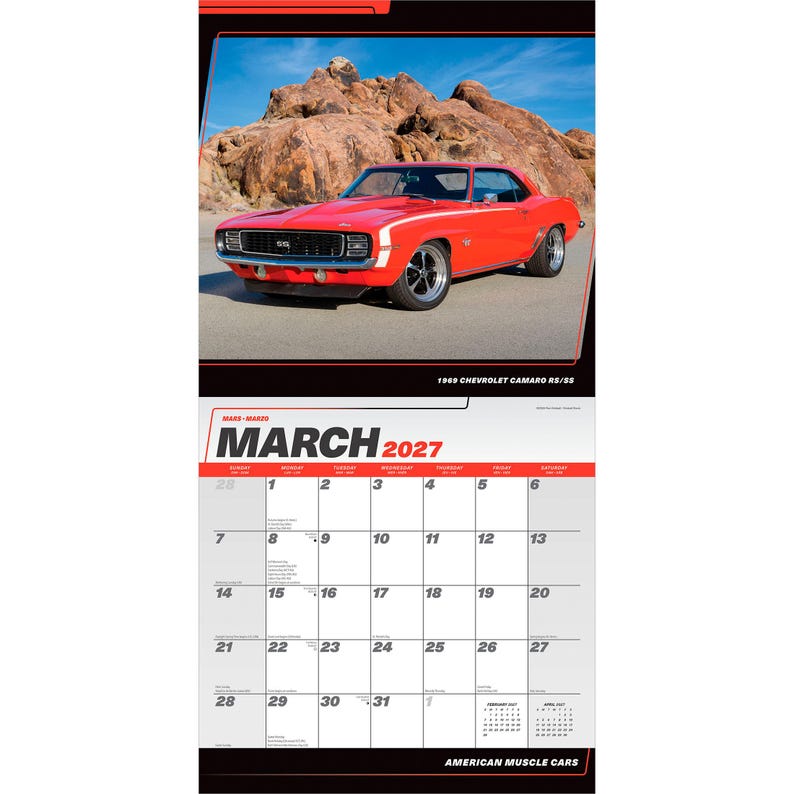 Puede incluir: Una p&aacute;gina de calendario de pared para marzo de 2027 con un Chevrolet Camaro RS/SS rojo brillante de 1969 estacionado frente a un terreno rocoso. La cuadr&iacute;cula del calendario muestra el mes, el a&ntilde;o y las fechas, con el texto 1969 CHEVROLET CAMARO RS/SS.
