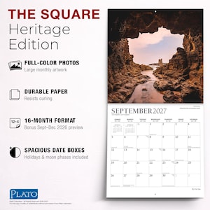 May include: A 16-month wall calendar titled The Square Heritage Edition, featuring a full-colour photograph of a rocky coastal cave opening. The September 2027 page displays a grid with spacious date boxes, holidays, and moon phases on durable paper.