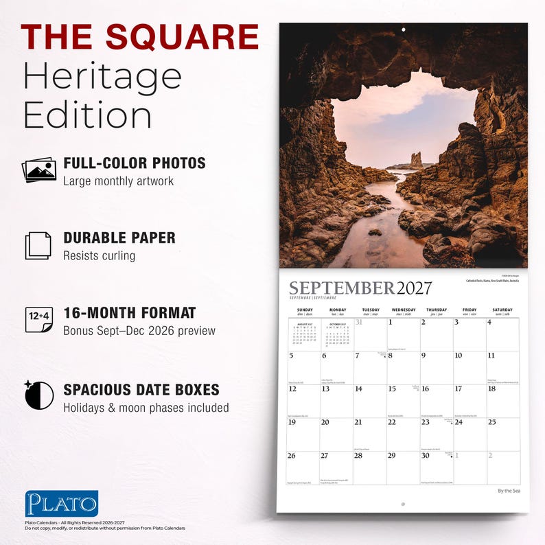 May include: A 16-month wall calendar titled The Square Heritage Edition, featuring a full-colour photograph of a rocky coastal cave opening. The September 2027 page displays a grid with spacious date boxes, holidays, and moon phases on durable paper.