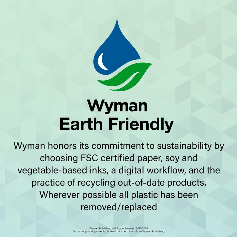 Puede incluir: Un logotipo con una gota de agua azul y una hoja verde, con el texto "Wyman Earth Friendly". El texto describe el compromiso de Wyman con la sostenibilidad, utilizando papel FSC, tintas de soja, flujo de trabajo digital y reciclaje.