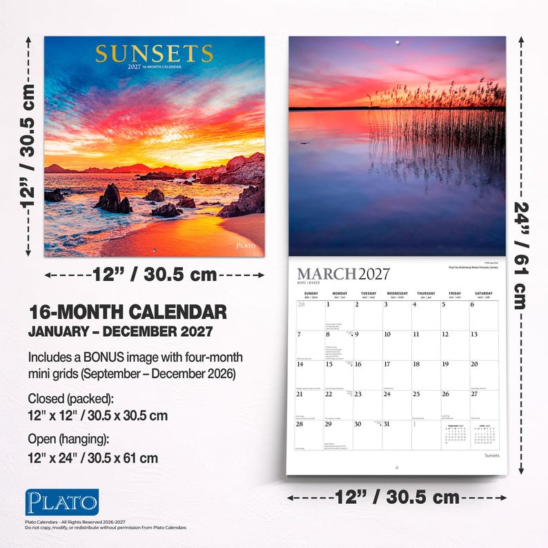 Pu&ograve; includere: Un calendario da parete di 16 mesi intitolato SUNSETS 2027, che misura 30,5 cm per 30,5 cm chiuso e 30,5 cm per 61 cm aperto. Presenta fotografie di tramonti, una griglia per marzo 2027 e mini griglie da settembre a dicembre 2026.