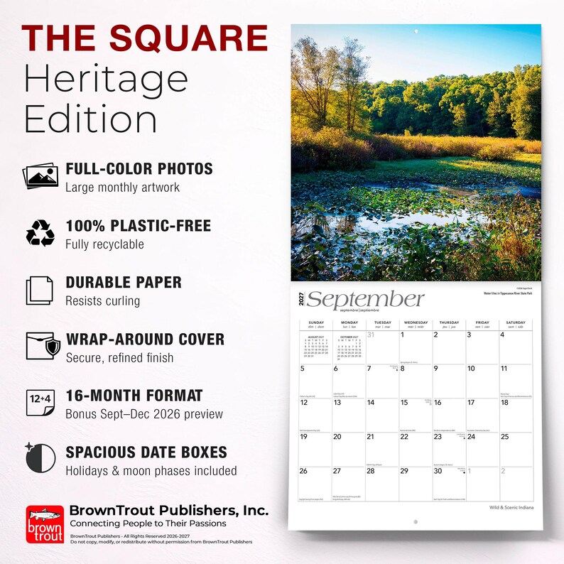 May include: A 2027 wall calendar titled The Square Heritage Edition featuring a full-color photograph of a pond with lily pads and trees. The calendar includes a 16-month format, plastic-free paper, a wrap-around cover, and spacious date boxes.
