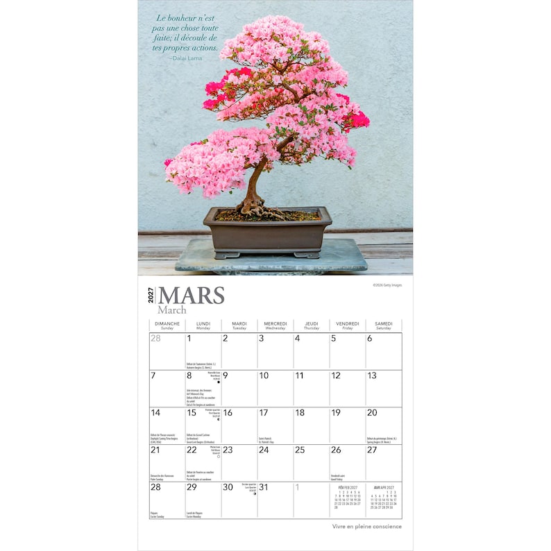 Peut inclure: Un calendrier mural 2027 pour le mois de mars pr&eacute;sentant un bonsa&iuml; azal&eacute;e aux fleurs roses dans un pot rectangulaire marron. La partie sup&eacute;rieure affiche l'arbre et une citation du Dala&iuml;-Lama, tandis que la partie inf&eacute;rieure montre la grille.