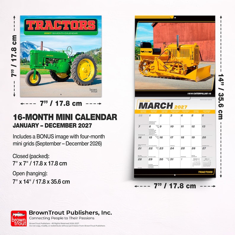 May include: A 16-month mini calendar for 2027 featuring tractors. Closed dimensions are 7 inches by 7 inches, and open dimensions are 7 inches by 14 inches. The calendar includes a bonus image and mini grids for September through December 2026.