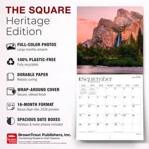 May include: A 2027 wall calendar titled THE SQUARE Heritage Edition featuring a full-color photograph of a waterfall cascading down a mountain at sunset. The calendar includes a September grid with spacious date boxes, holidays, and moon phases.