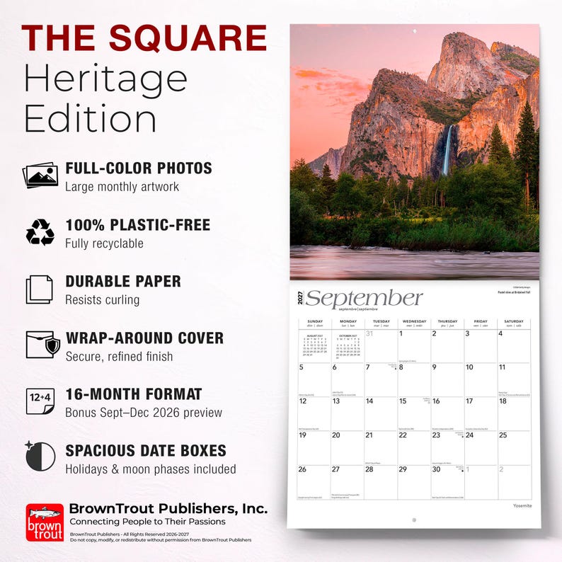 May include: A 2027 wall calendar titled THE SQUARE Heritage Edition featuring a full-color photograph of a waterfall cascading down a mountain at sunset. The calendar includes a September grid with spacious date boxes, holidays, and moon phases.