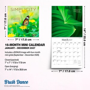 May include: A 16-month mini calendar for 2027 titled SIMPLICITY, featuring a monarch butterfly on a yellow flower. Closed dimensions are 7 inches by 7 inches, and open dimensions are 7 inches by 14 inches. Includes a March 2027 grid page.