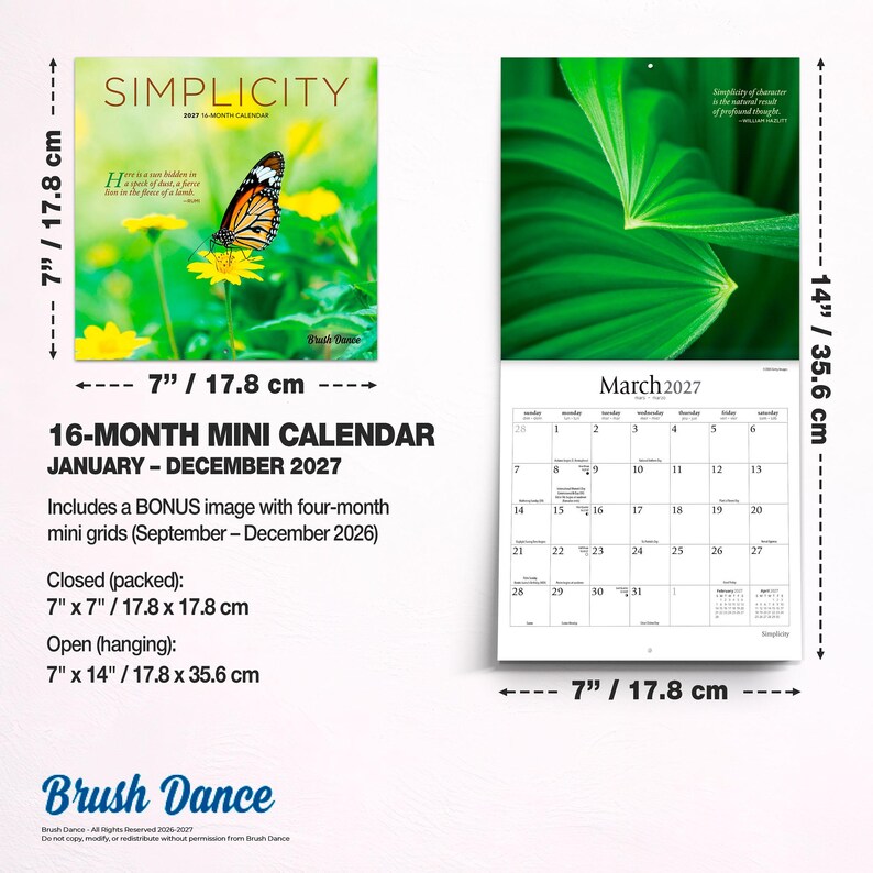 May include: A 16-month mini calendar for 2027 titled SIMPLICITY, featuring a monarch butterfly on a yellow flower. Closed dimensions are 7 inches by 7 inches, and open dimensions are 7 inches by 14 inches. Includes a March 2027 grid page.