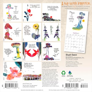 Pode incluir: Um calend&aacute;rio de parede de 16 meses para 2027 intitulado Live with Intention de Ren&eacute;e Locks. A contracapa exibe doze ilustra&ccedil;&otilde;es mensais em aquarela com cita&ccedil;&otilde;es inspiradoras, uma p&aacute;gina de exemplo de abril de 2027, um c&oacute;digo de barras e detalhes.