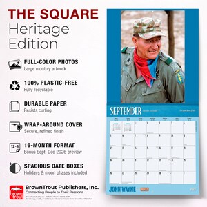 May include: A 2022 John Wayne calendar featuring a photo of the actor in a military uniform. The calendar has a blue background with the month of September displayed. The calendar includes a 16-month format and full-color photos.