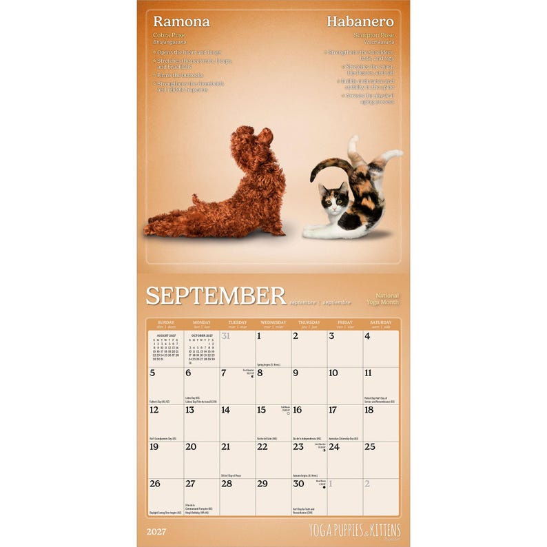 May include: A 2027 wall calendar for September featuring a brown dog in cobra pose labeled Ramona and a calico cat in scorpion pose labeled Habanero. The calendar grid displays dates from 1 to 30 with small text for holidays and moon phases.