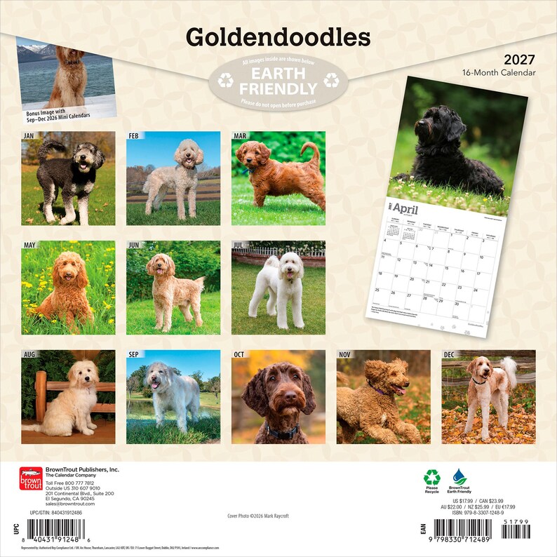 K&ouml;nnte beinhalten: Ein 16-monatiger Goldendoodles-Wandkalender f&uuml;r 2027 mit verschiedenen Fotografien von Goldendoodle-Hunden. Die R&uuml;ckseite zeigt ein Raster mit monatlichen Bildern, eine Beispiel-Kalenderseite f&uuml;r April und den Text Earth Friendly.