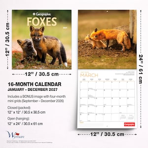 May include: A 16-month Canadian Geographic Foxes calendar for 2027, measuring 12 inches by 12 inches closed and 12 inches by 24 inches open. It features fox photography, a March 2027 grid, and bonus mini grids for September to December 2026.