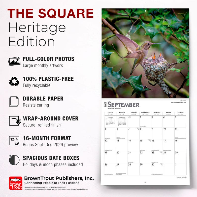 K&ouml;nnte beinhalten: Ein 2027-Kalender mit einem Foto eines Kolibris und seines Nestes, mit der September-Kalenderseite. Der Kalender hat einen Umschlag und ger&auml;umige Datumsfelder. Der Text lautet "The Square Heritage Edition."