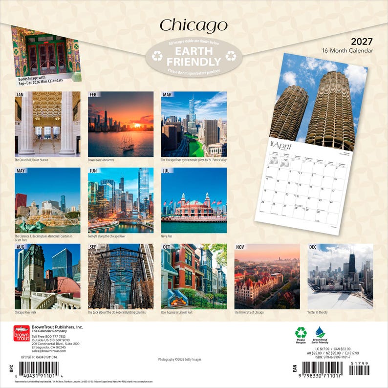 May include: A 2027 16-month Chicago wall calendar featuring twelve distinct colour photographs of city landmarks, including Union Station, the Chicago River, Navy Pier, and Lincoln Park row houses, with a grid layout for April displayed prominently.