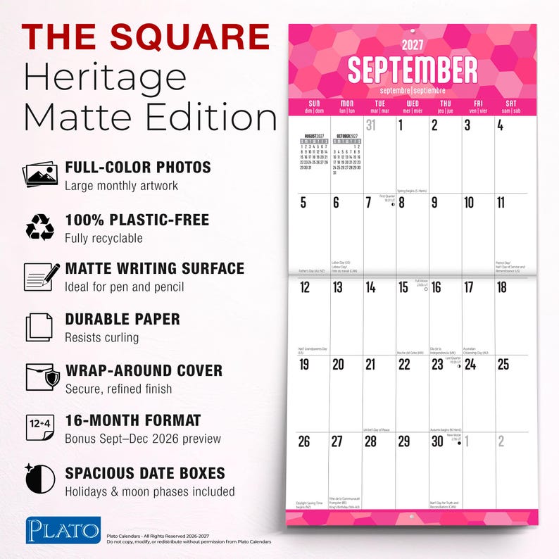 May include: A 2027 wall calendar titled The Square Heritage Matte Edition, featuring a pink hexagonal pattern header for September. The grid displays dates, holidays, and moon phases, with text detailing features like full-color photos, plastic-free materials, a matte writing surface, durable paper, a wrap-around cover, and a 16-month format.