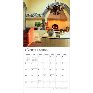 May include: A 2027 wall calendar for the month of September featuring a photograph of a kitchen with yellow walls, a copper range hood, blue and white decorative plates, a ceramic chicken figurine, and a tiled counter with a grid layout.