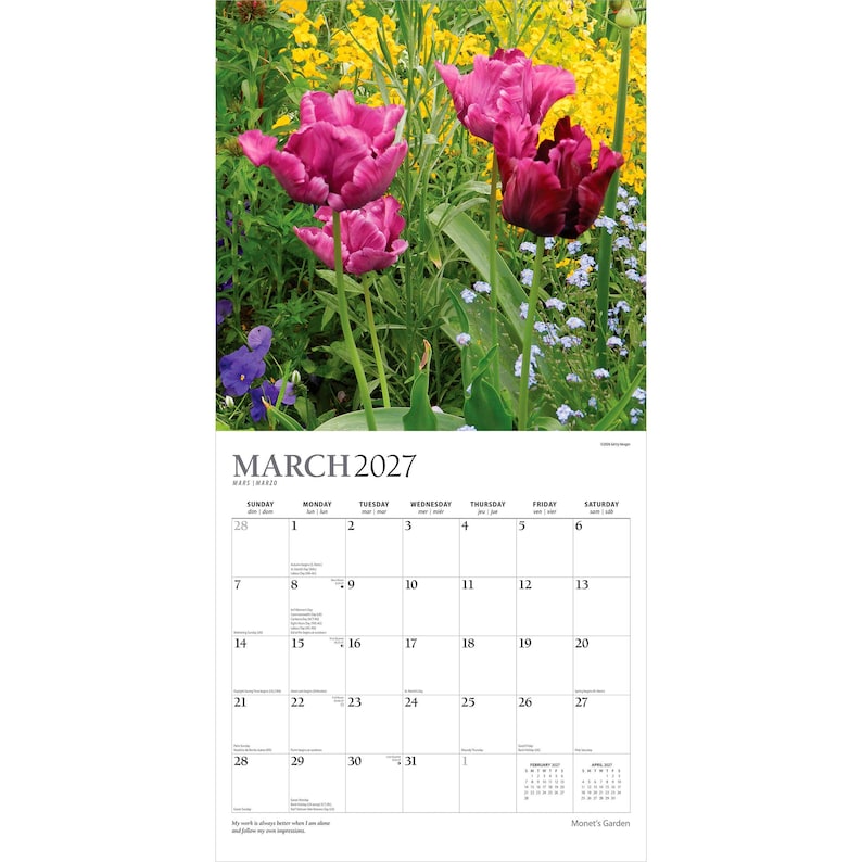 Puede incluir: Un calendario de pared para marzo de 2027 con una fotograf&iacute;a de tulipanes de color magenta vibrante y morado oscuro rodeados de flores silvestres amarillas y peque&ntilde;as flores azules. La cuadr&iacute;cula muestra el mes, los d&iacute;as y las fechas.