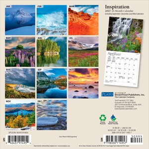 Op de afbeelding: Een 16-maanden wandkalender voor 2027 genaamd Inspiration, met een raster van twaalf landschapsfoto's voor elke maand. De kalender bevat een voorbeeld van de pagina voor april 2027 met een waterval en wilde bloemen, inclusief barcodes.