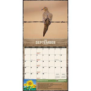 May include: A 2026 calendar featuring a mourning dove perched on a barbed wire fence. The calendar page is for September, with a list of tasks and a sunflower image at the bottom. The calendar has a rustic, natural theme.