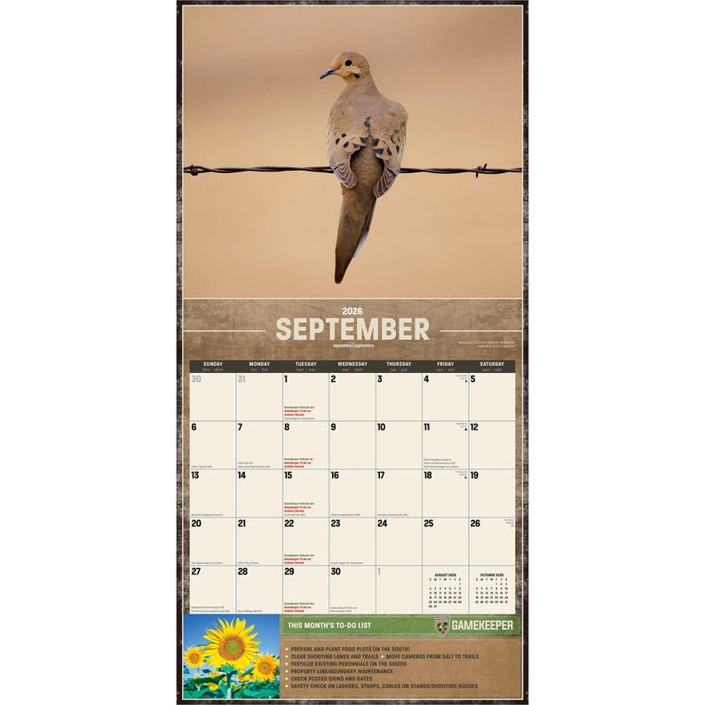 May include: A 2026 calendar featuring a mourning dove perched on a barbed wire fence. The calendar page is for September, with a list of tasks and a sunflower image at the bottom. The calendar has a rustic, natural theme.