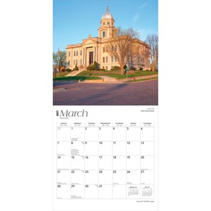 May include: A 2027 wall calendar page for March featuring a photograph of a stone courthouse with a central dome and clock tower under a clear blue sky. The calendar grid displays dates from the 1st to the 31st with small February and April calendars.