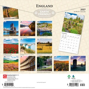 May include: A 2027 16-month England wall calendar featuring twelve distinct landscape photographs of English landmarks and scenery, including Tower Bridge, Polperro, and Avebury, with a grid for April displayed on the right side of the back cover.