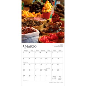 May include: A calendar page for March 2026 featuring a vibrant market scene. Baskets and containers are filled with colorful produce, including red peppers, yellow fruits, and various spices. The word "MARZO" is displayed at the top.