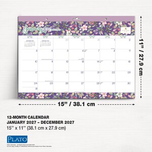 May include: A 12-month wall calendar for January 2027 through December 2027, measuring 15 inches by 11 inches. The calendar features a purple floral border, a grid layout for January 2027, and small reference calendars for December 2026 and February 2027.