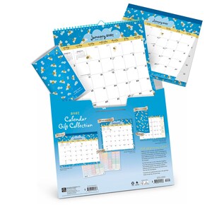 May include: A 2027 calendar gift collection set featuring a blue background with yellow and black bee patterns. The set includes a wall calendar, a pocket planner, and a desk calendar, all displaying the month of January 2027 with bee illustrations.