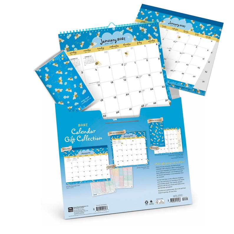 May include: A 2027 calendar gift collection set featuring a blue background with yellow and black bee patterns. The set includes a wall calendar, a pocket planner, and a desk calendar, all displaying the month of January 2027 with bee illustrations.
