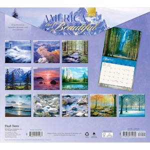 May include: A 2027 America the Beautiful wall calendar featuring twelve landscape photographs of natural scenery, including mountains, forests, and coastal views. The cover displays a mountain range and a preview of the April calendar page.