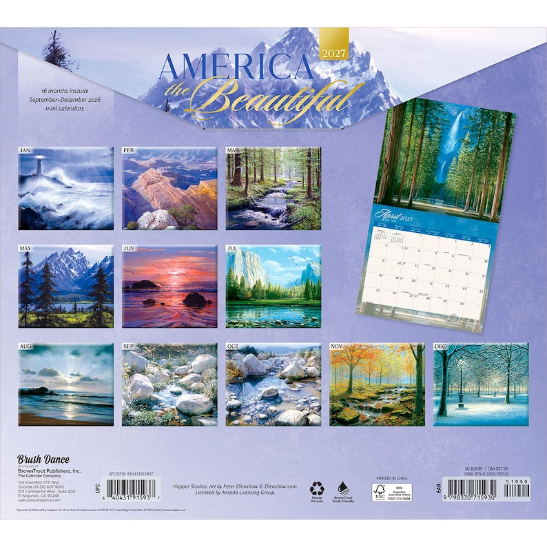 May include: A 2027 America the Beautiful wall calendar featuring twelve landscape photographs of natural scenery, including mountains, forests, and coastal views. The cover displays a mountain range and a preview of the April calendar page.